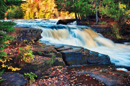 瀑布，河，秋，树，岩石，性质