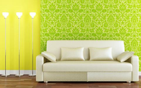 沙发，灯，明亮的壁纸，颜色，室内