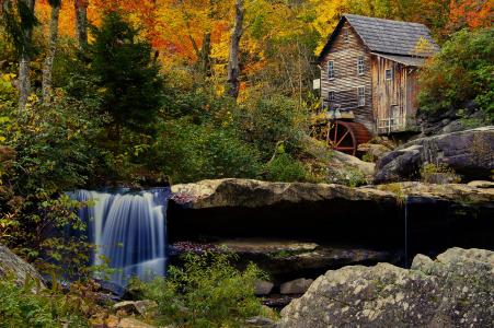 巴布科克州立公园，克里斯特米尔，秋天，森林，河流，瀑布，磨坊，景观