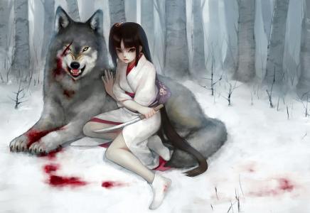狼，女孩，伤口，血，雪，疤痕，匕首，森林