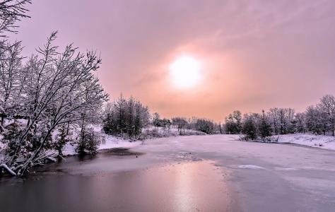冬天，太阳，冰，雪，河，木材