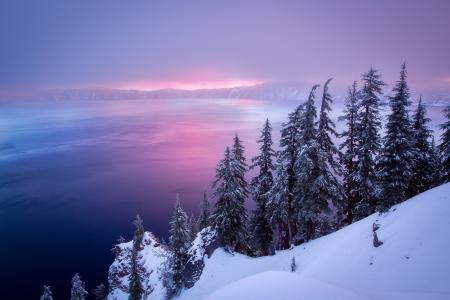 景观，自然，冬天，雪，岩石，湖，美国俄勒冈州克莱特湖