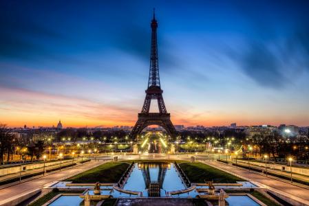 巴黎，法国，La游览埃菲尔，巴黎，法国，艾菲尔铁塔，晚上，城市，喷泉，照明，灯，日落，路，灯，曝光