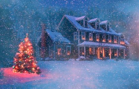 森林，新的一年，晚上，房子，灯，雪花，圣诞节，树，树，冬天，艺术，雪