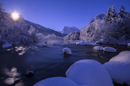 挪威，挪威，冬天，河，雪，山，景观