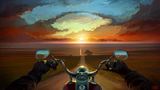 摩托车，路，日落