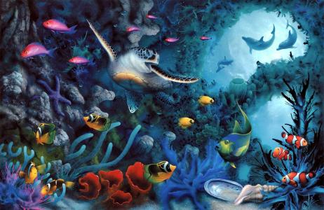 大卫米勒，乌龟，鱼，海豚，海底，艺术
