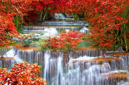 瀑布，卡斯卡德，河，森林，秋天