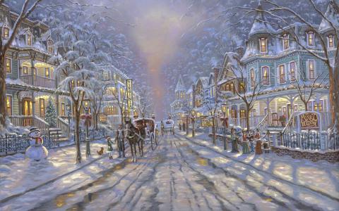 绘画，圣诞节，街道，别墅，树，雪人，道路，海角可能圣诞节，罗伯特结局
