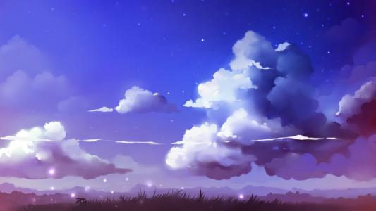 景观，云，草，天空，明星，绘图，cloudscape，艺术家，apofiss