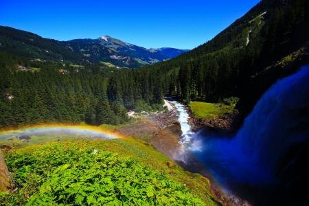 克里姆尔瀑布，奥地利克里姆尔瀑布，奥地利，彩虹，山脉，河流，森林