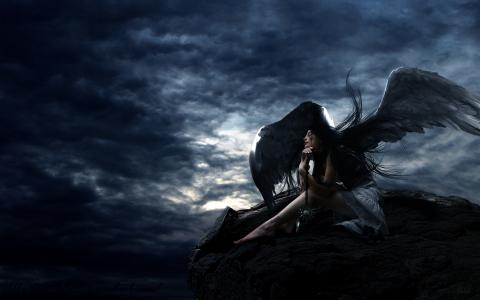 天使，女孩，岩石，天空，翅膀
