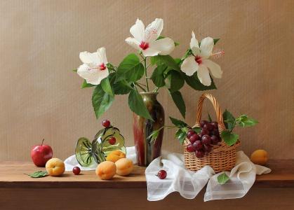 杏，葡萄，苹果，鲜花，芙蓉，篮子，花瓶，静物