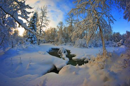 冬天，河，自然，雪，天空，日落