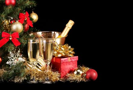 香槟，新年，装饰品，圣诞树