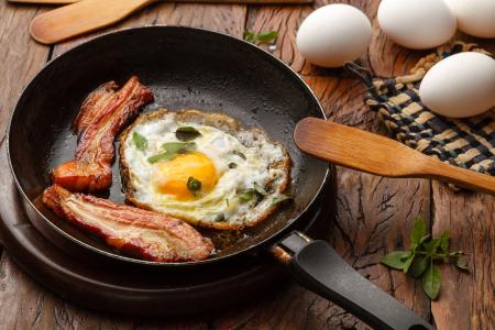 煎蛋，培根，鸡蛋，早餐，煎锅，肩胛骨