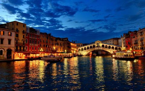 威尼斯，威尼斯，意大利，桥，运河，夜晚的城市，建筑物