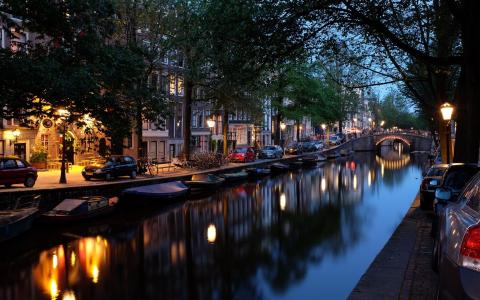 晚上，阿姆斯特丹，城市，荷兰，反射，设置，河流