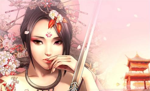 张小白艺术女孩亚洲女孩武士刀剑眺望其他眼睛鲜花手绘图纹身武士刀面部眼睛幻想