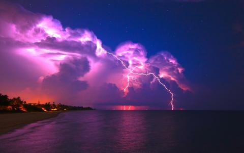 闪电，雷雨，云，天空，星星，海，海滩，夜晚，自然力量，景观，自然