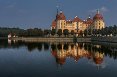 莫里茨堡城堡，德国，莫里茨堡城堡，德国，倒影，水，宫殿，城堡