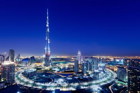 迪拜，哈利法塔，阿联酋，晚上，夜，天空，灯光，摩天大楼，塔，建筑物，灯，城市