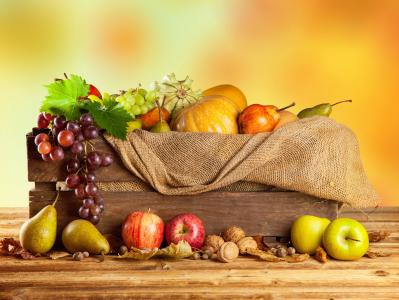 秋天，收获，水果，蔬菜，苹果，葡萄，梨，南瓜，坚果，盒子，麻袋