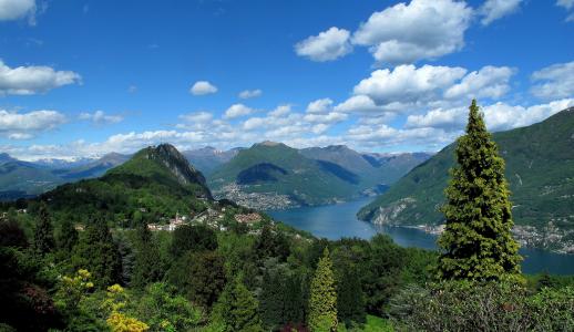 圣格拉托植物园，提契诺州，瑞士，卢加诺湖，提契诺州，瑞士，卢加诺湖，公园，山脉，树木，湖泊，景观