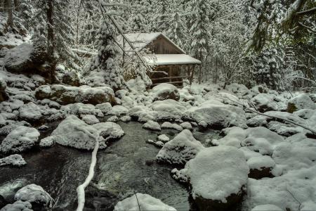 冬天，河，森林，石头，水磨房