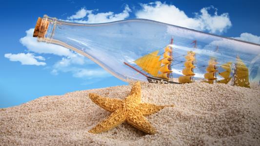 海星，沙子，瓶子，风帆，船
