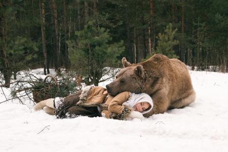 熊，棕熊，雪，睡觉，动物，女孩