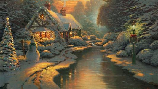 圣诞节晚上，房子，圣诞树，雪人，河，灯笼，灯，窗口中的光，森林，雪，绘画，绘画，景观，托马斯kinkade，圣诞节，圣诞节，新年
