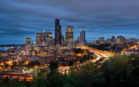 西雅图，夜晚的城市，灯光，市中心，西雅图，华盛顿