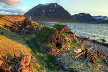 房子，冰岛，山，海