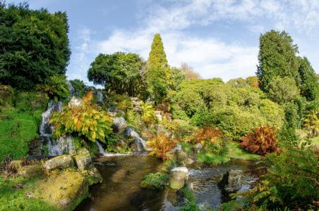 普尔姆姆瀑布，谢菲尔德公园，秋天，河流，瀑布，树木，景观