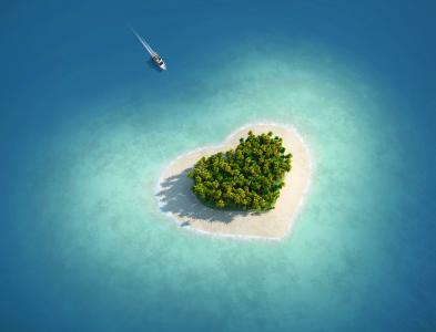 岛，心脏，热带地区，棕榈树，海，爱，爱岛