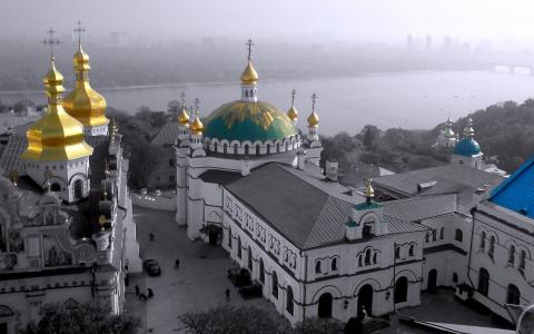 基辅佩乔尔斯克修道院，乌克兰，基辅，城市，基辅，河，第聂伯罗德，人，黑与白，背景，寺庙，圆顶