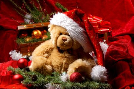 泰迪熊，圣诞节，新年，帽子，装饰，圣诞老人