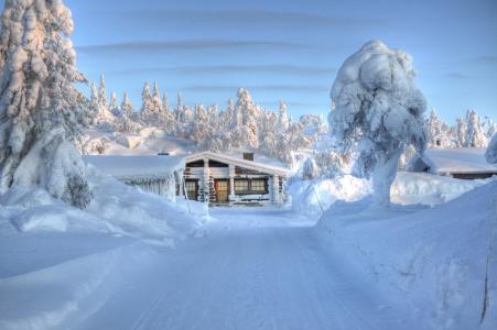 芬兰，房子，性质，冬天，路，天空