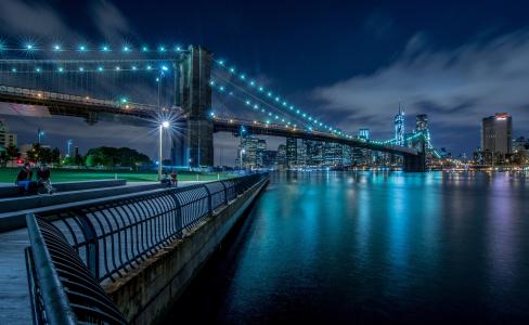 灯，晚上，纽约，桥，布鲁克林