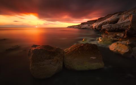 海洋，日落，岩​​石，石头，海岸