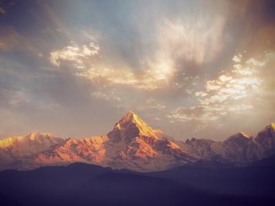 Machapuchare 7000m，尼泊尔，尼泊尔，山，山脉，天空，云，太阳，雪，大自然，全景，景观