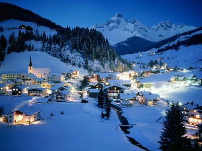 奥地利，度假村，冬天，夜，灯，雪，奥地利