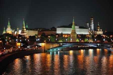 城市，莫斯科，夜，灯，河，水