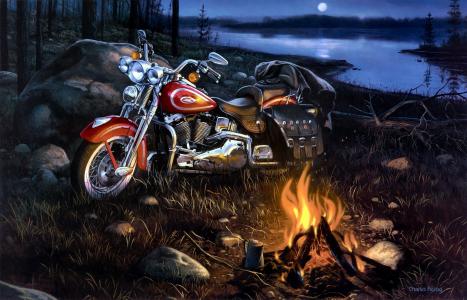 Charles Freitag，摩托车，哈雷戴维森，篝火，河流，风景，艺术