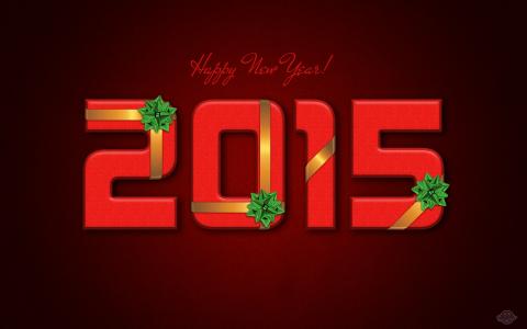 新的一年，红色背景，假期，弓，丝带，2015年