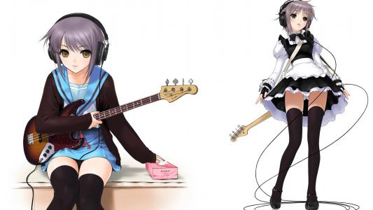 女孩，吉他，耳机