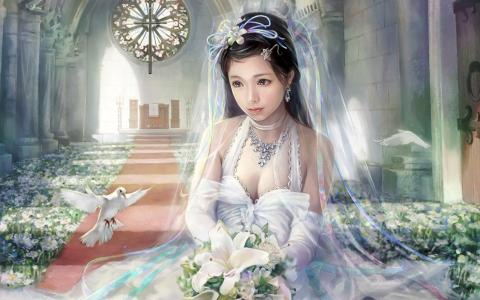 女孩，婚礼，新娘，花束