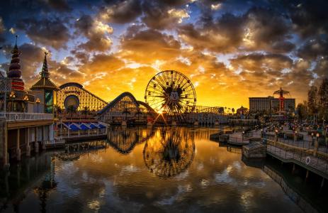 迪士尼乐园，天堂码头日落，закат，加州