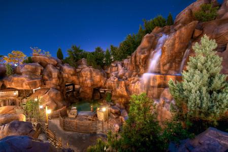 瀑布，石头，加利福尼亚州，迪士尼乐园，灯笼，夜